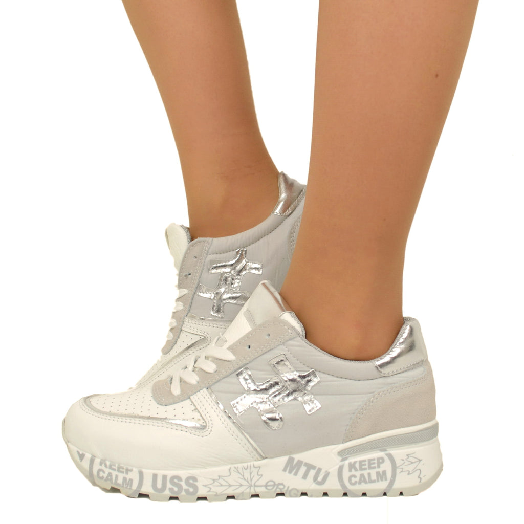 Sneakers Donna Made in Italy in Pelle Bianca e Tessuto Grigio