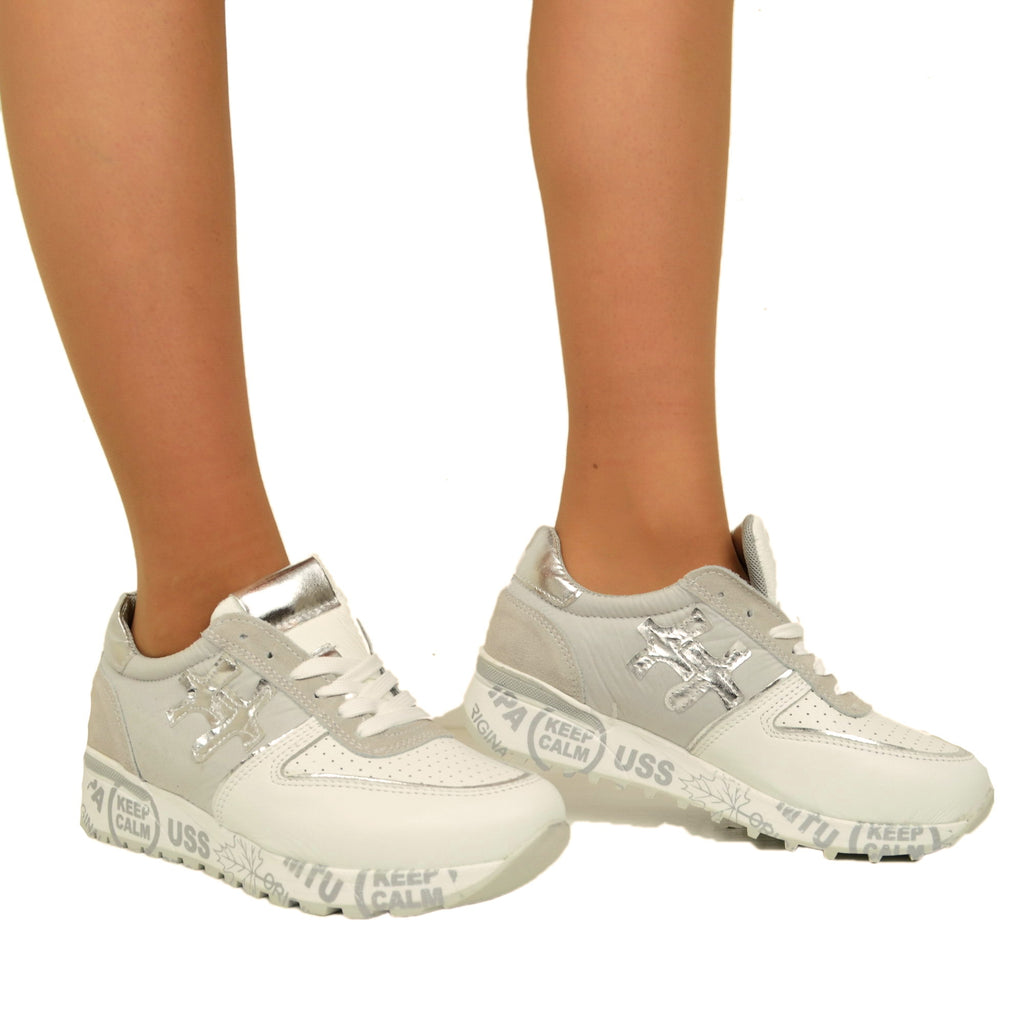 Sneakers Donna Made in Italy in Pelle Bianca e Tessuto Grigio - 5