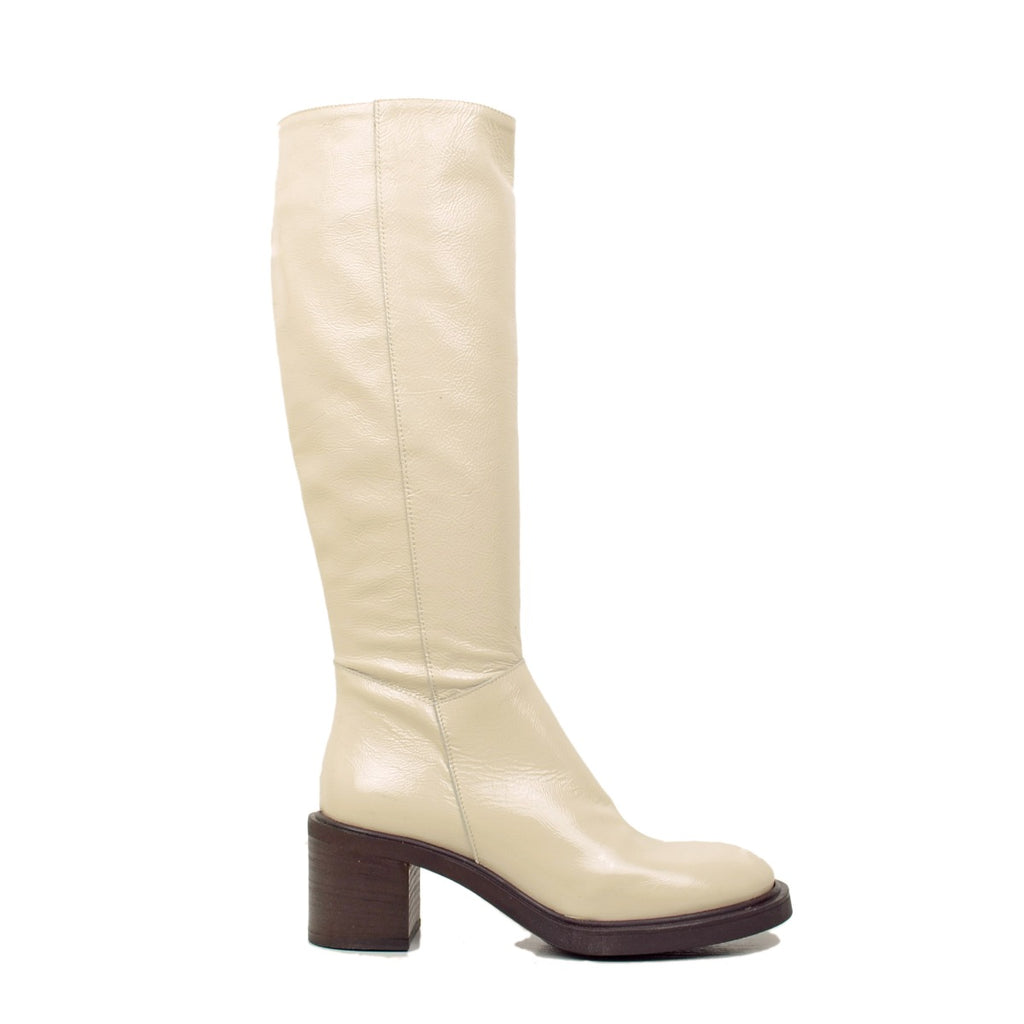 Women's Cavallerizza Boots in White Patent Leather Made in Italy. - 2