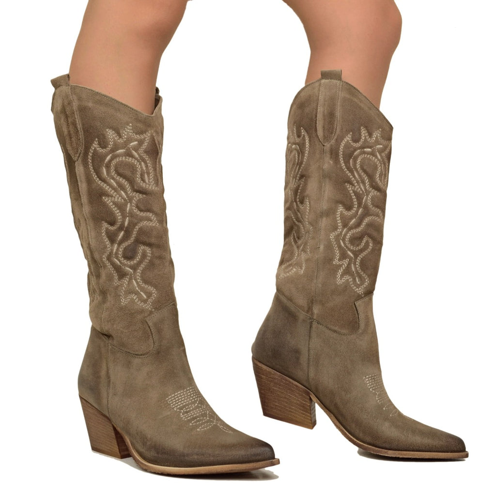 Taupe Texan Boots in Suede Leather Medium Heel - 4