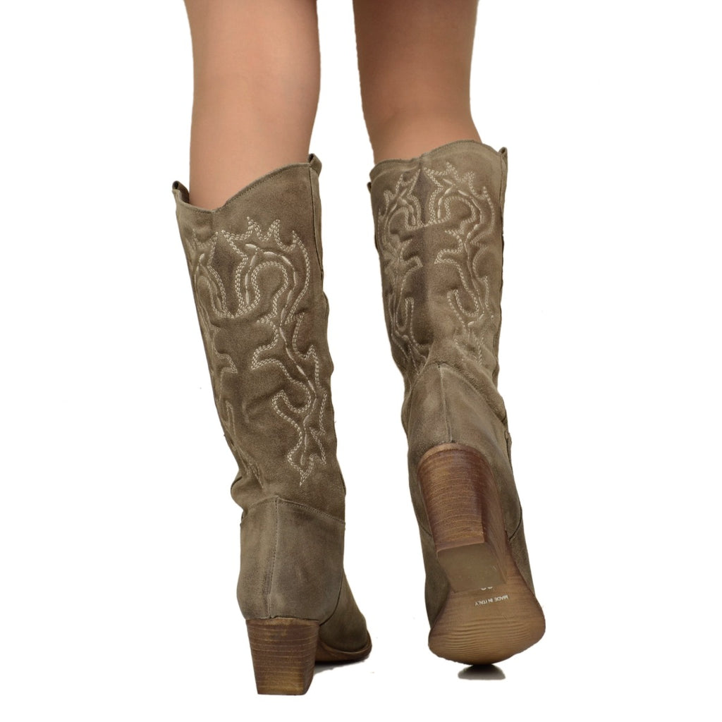 Taupe Texan Boots in Suede Leather Medium Heel - 5