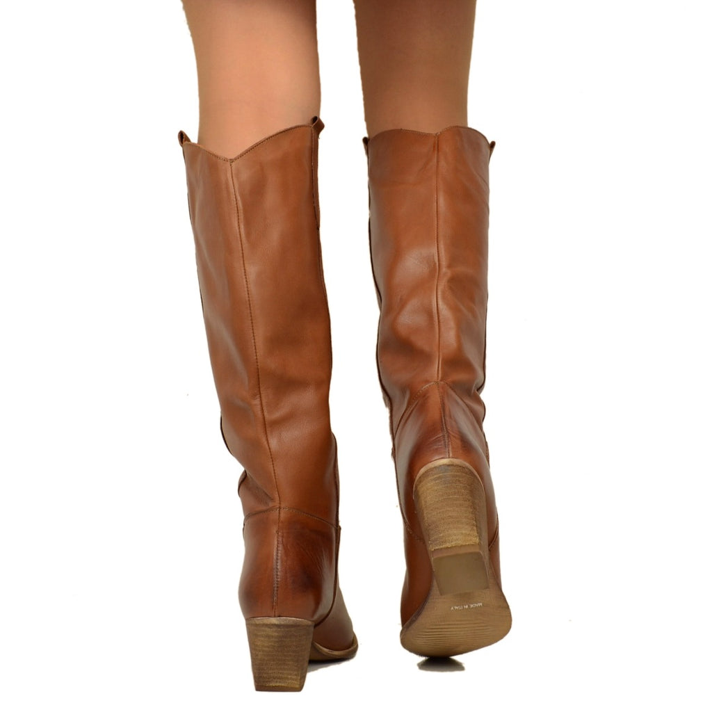 Texanische Stiefel aus echtem Leder, glattes Bein, mittlerer Absatz - 6