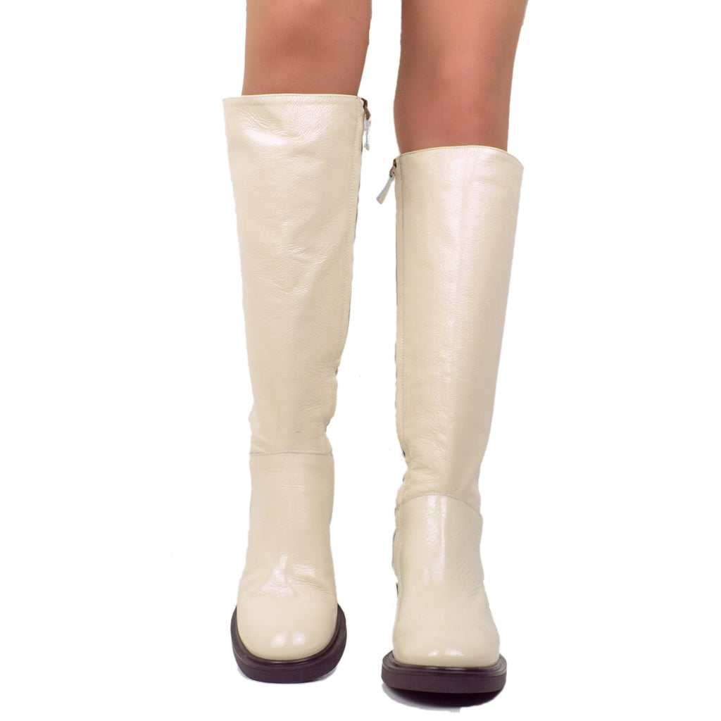 Women's Cavallerizza Boots in White Patent Leather Made in Italy. - 3