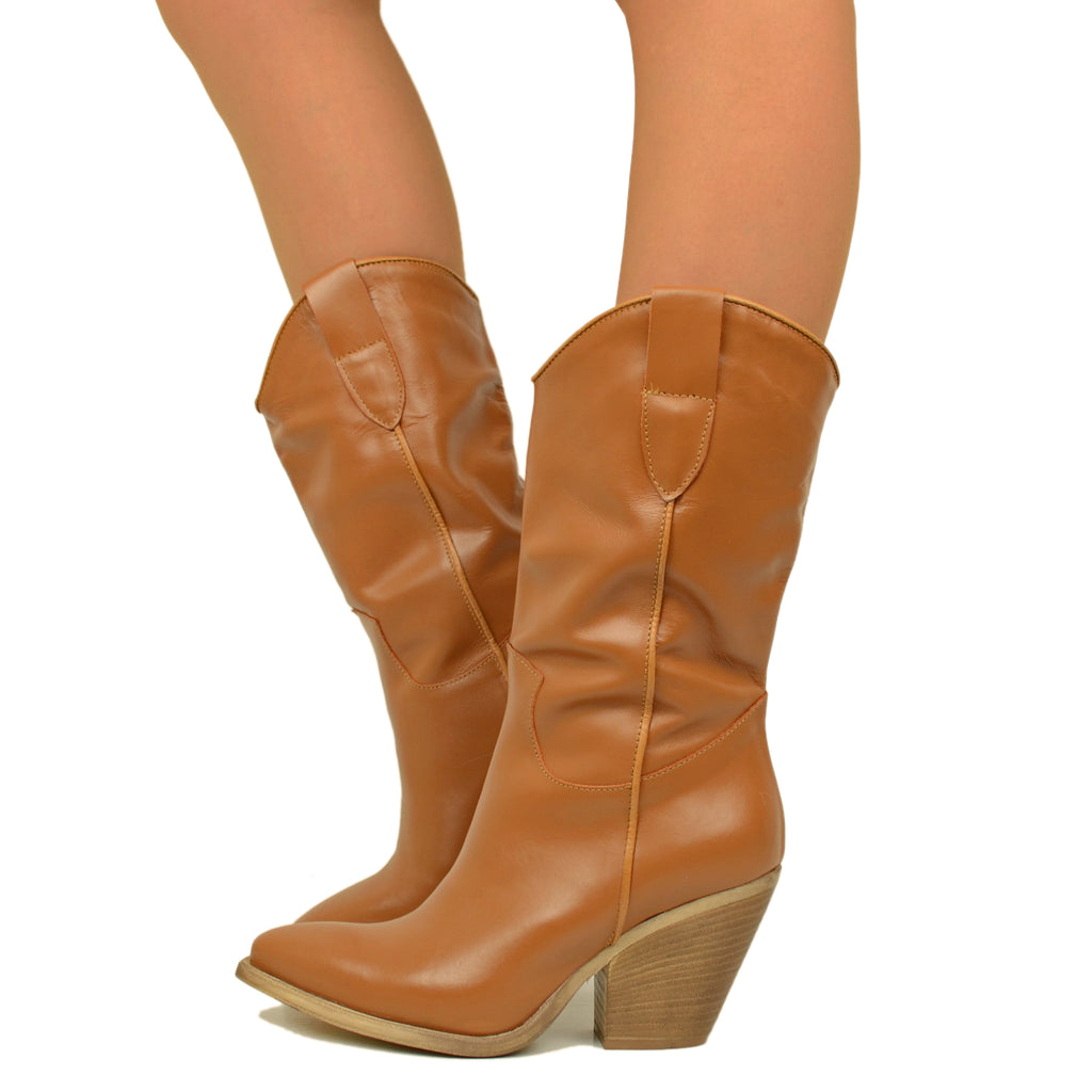 Texan Boots in Tan Leather with High Heel Made in Italy