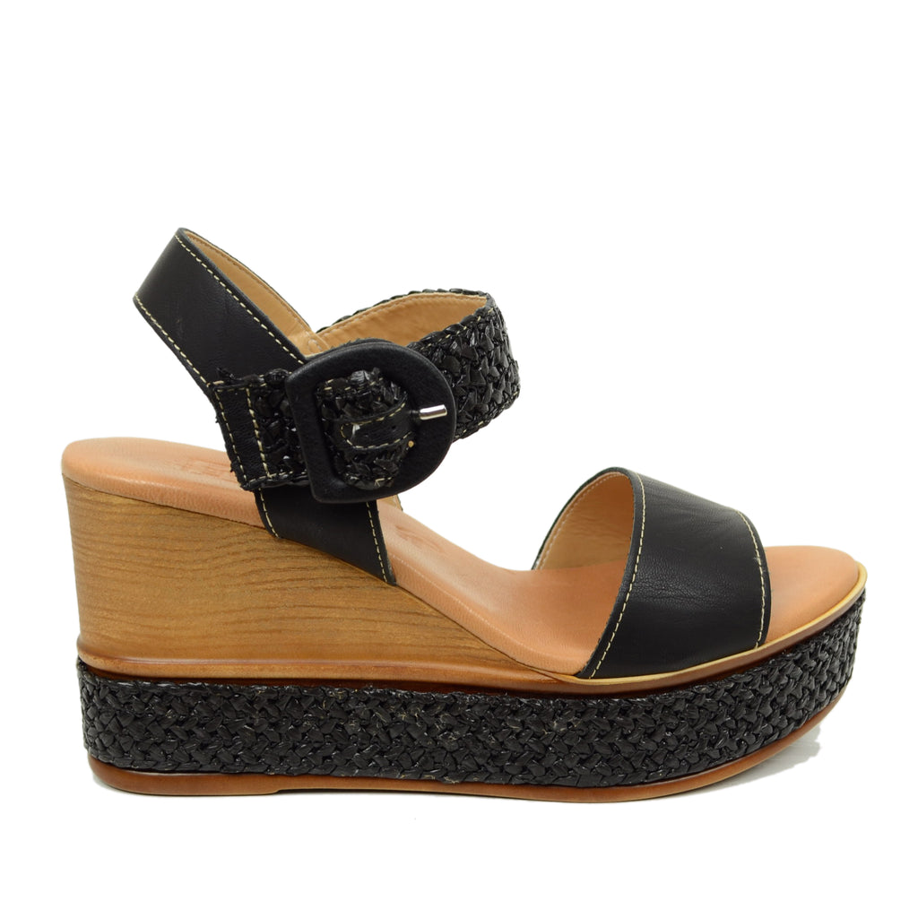 Women's Black Sandals with Braided Wedge Made in Italy - 2