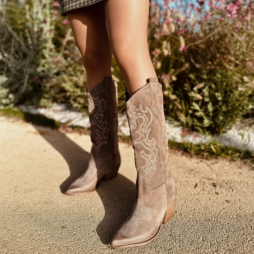 Taupe Texan Boots in Suede Leather Medium Heel - 6