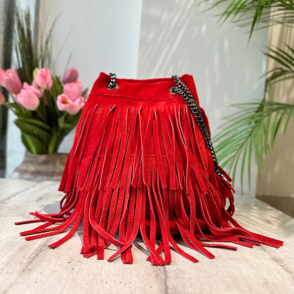 Red Suede Bucket Bag with Fringes