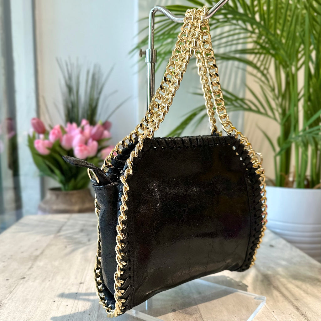 Bag with Golden Chain in Black Metallic Leather - 2