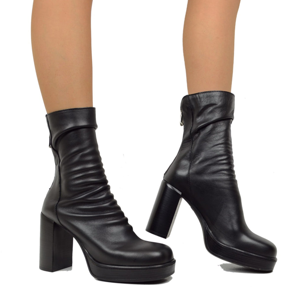 Women's Black Skinny Leather Ankle Boots with Zip and Platform - 4