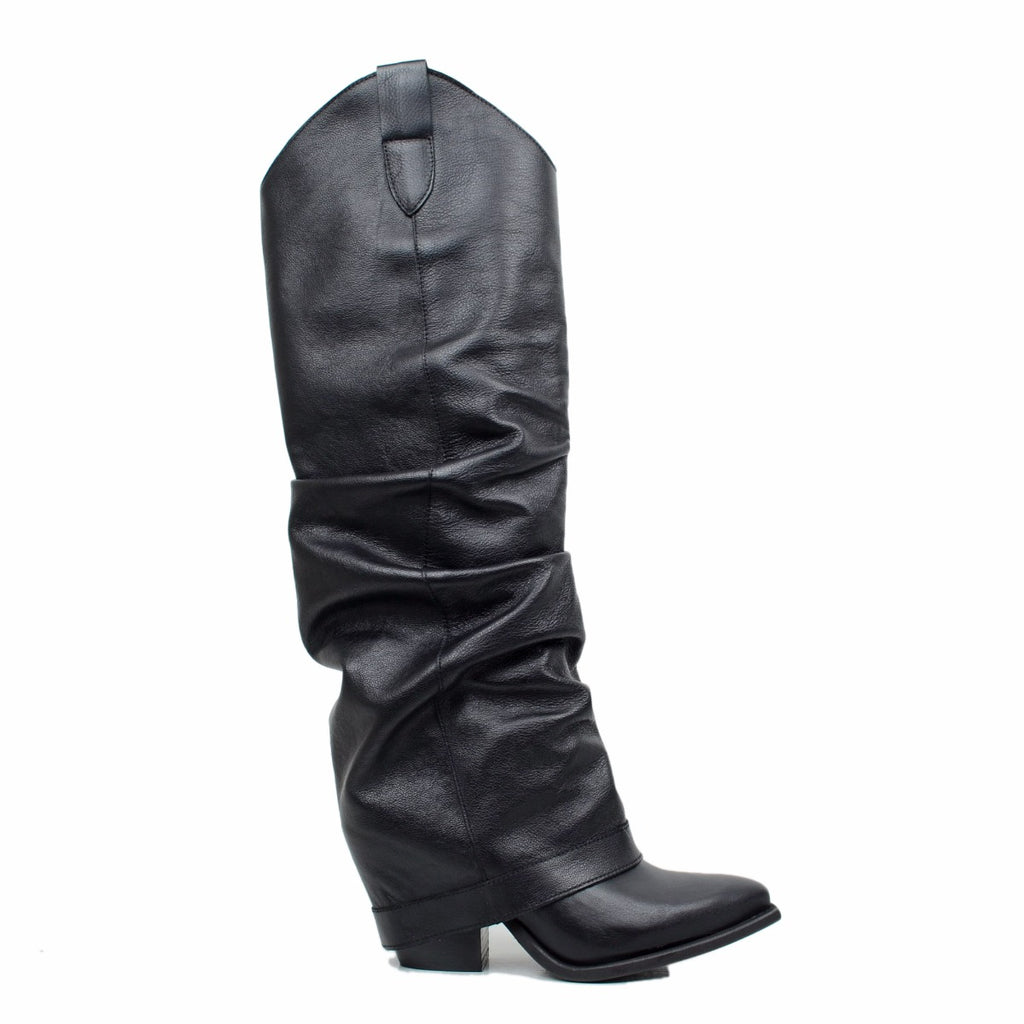 Black High Texan Boots with Leather Gaiter Made in Italy - 4