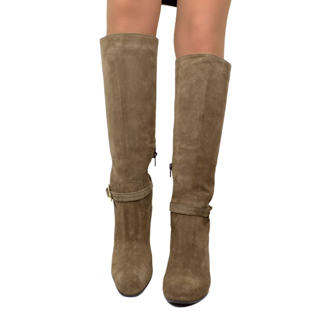 Elegant Boots in Taupe Suede with Zip and Anklet - 3