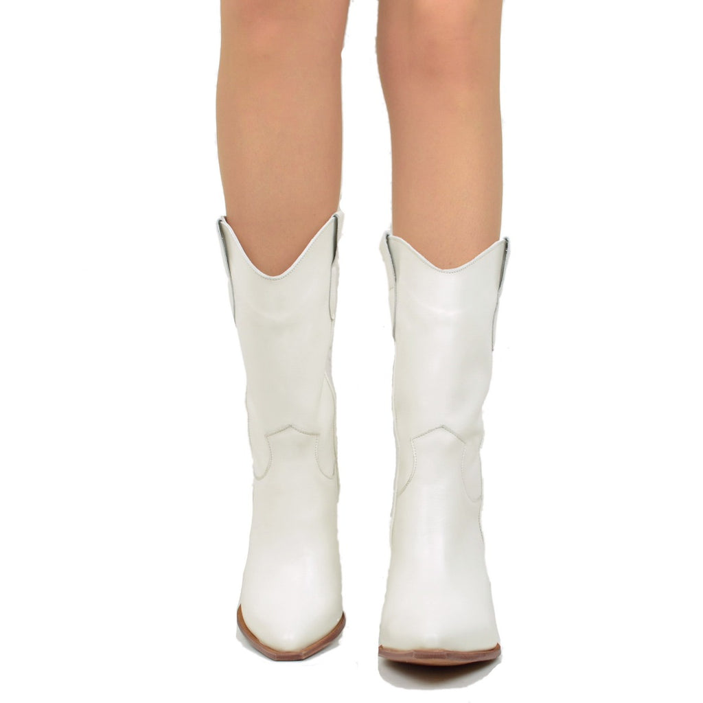 White Leather Texan Boots with High Heel Made in Italy - 3