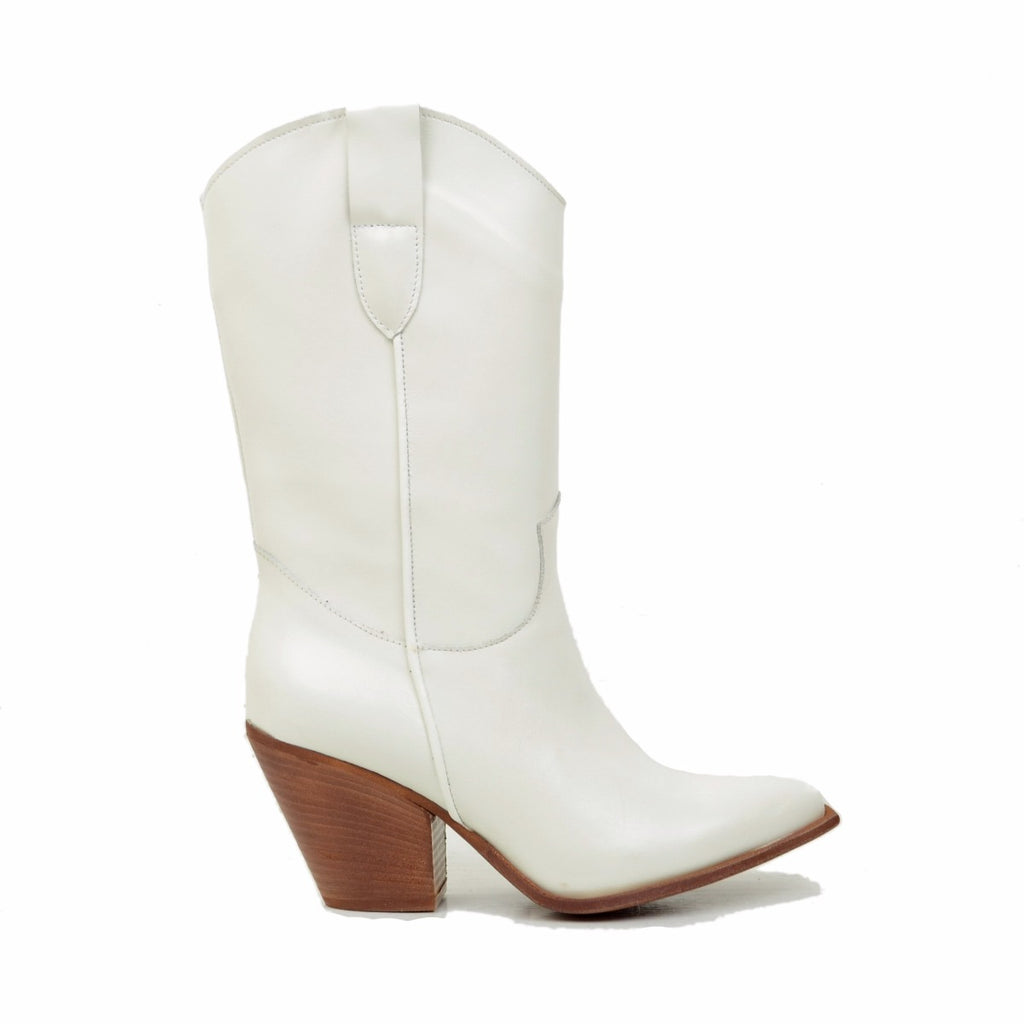 White Leather Texan Boots with High Heel Made in Italy - 2