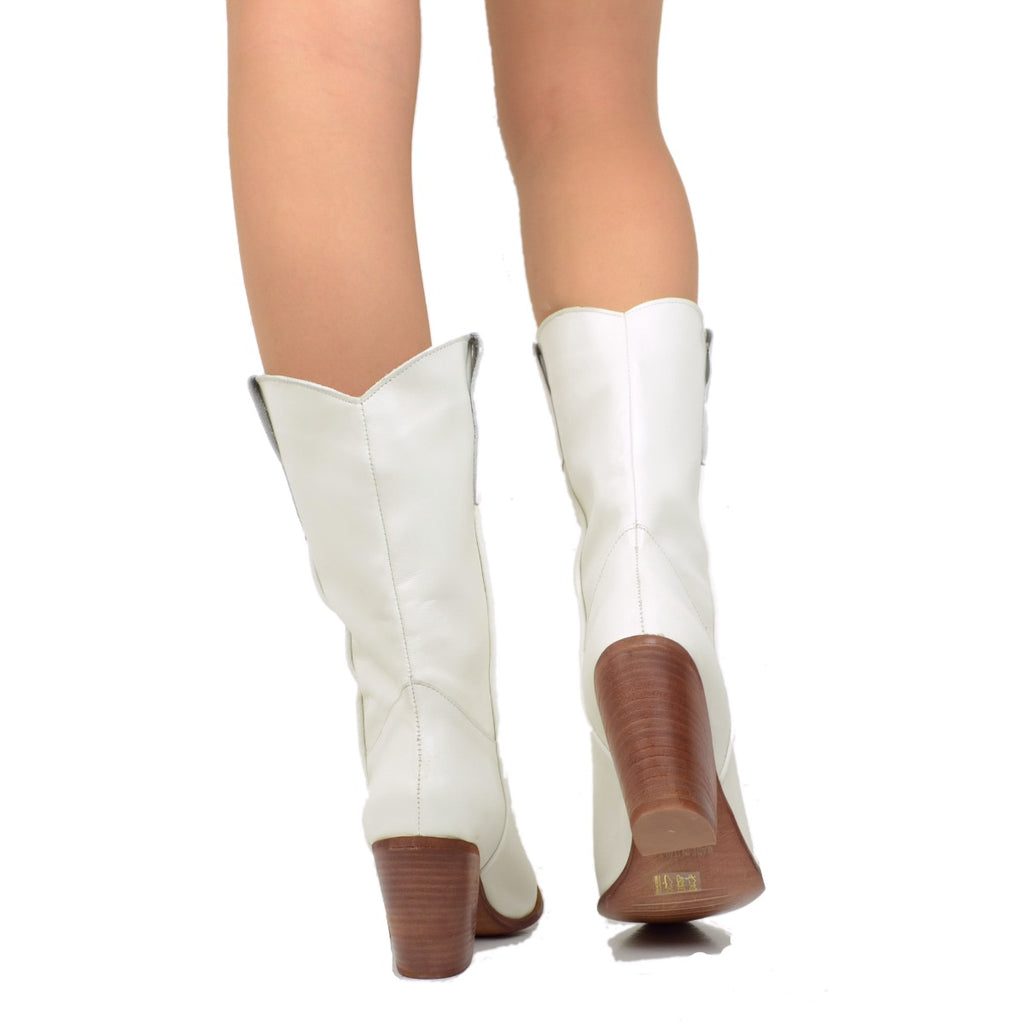 White Leather Texan Boots with High Heel Made in Italy - 5