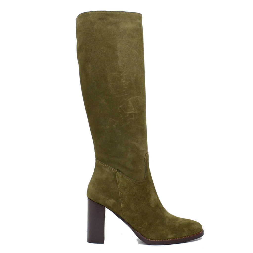 Women's Green Suede Riding Boots with Zip - 2