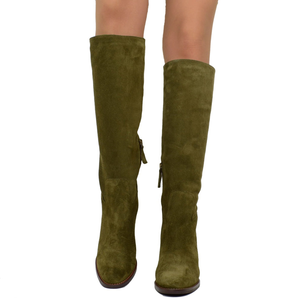 Women's Green Suede Riding Boots with Zip - 5