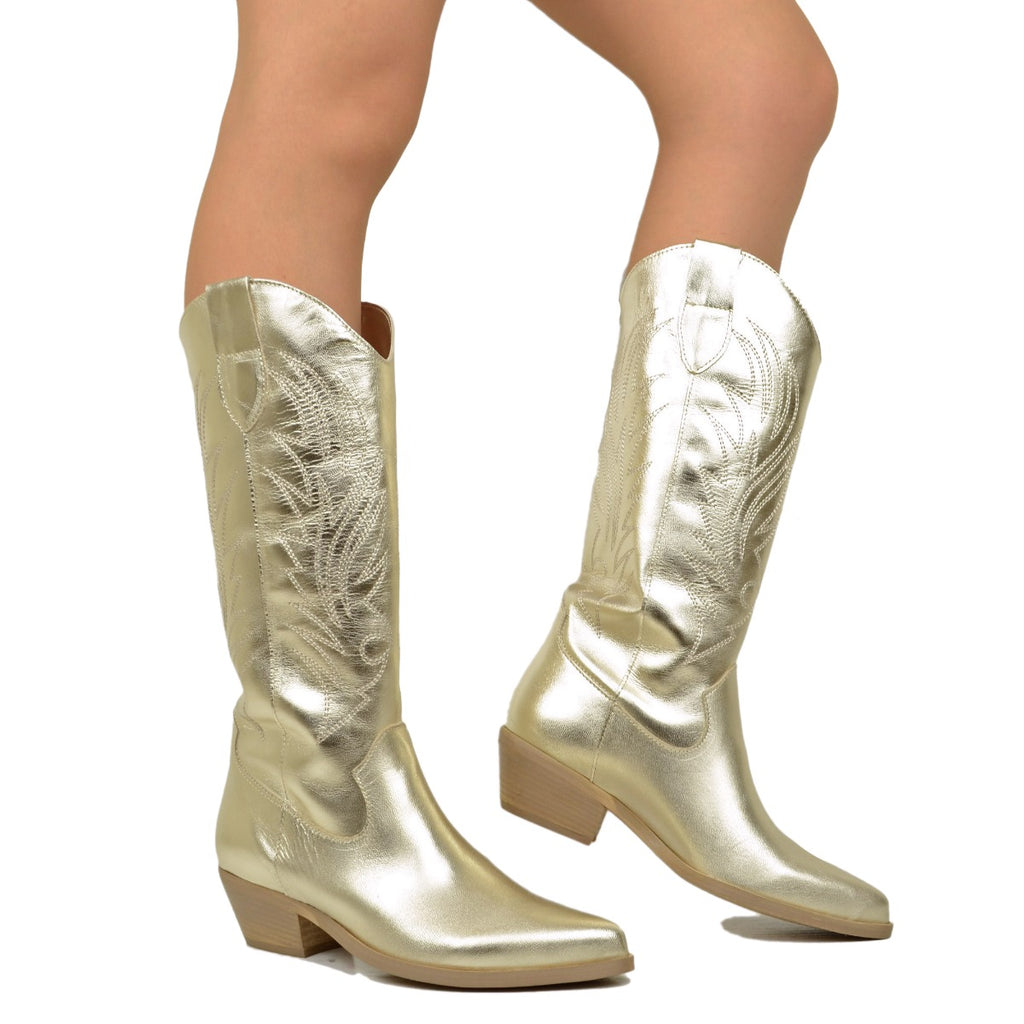 Women's Platinum-colored Texan Boots with Made in Italy Embroideries - 3