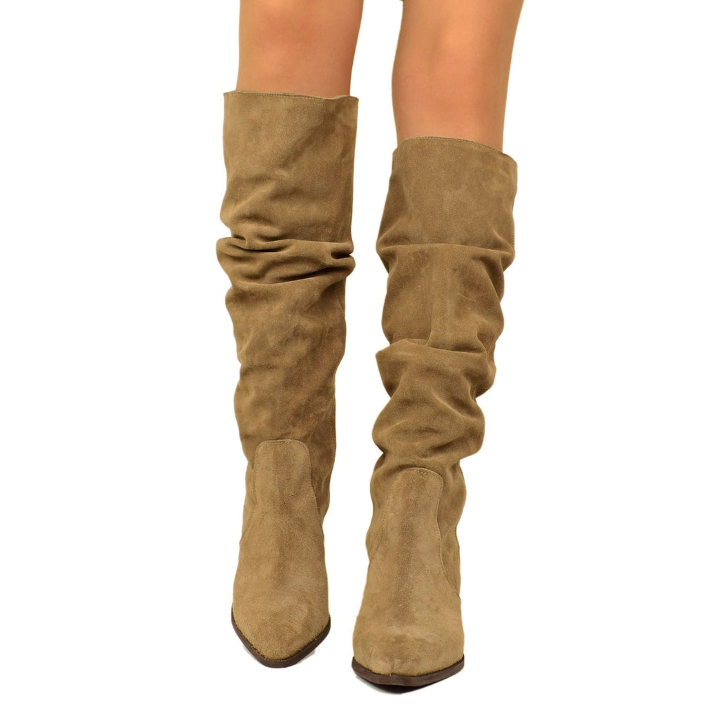 Taupe Suede Pleated Women's Boots - 5