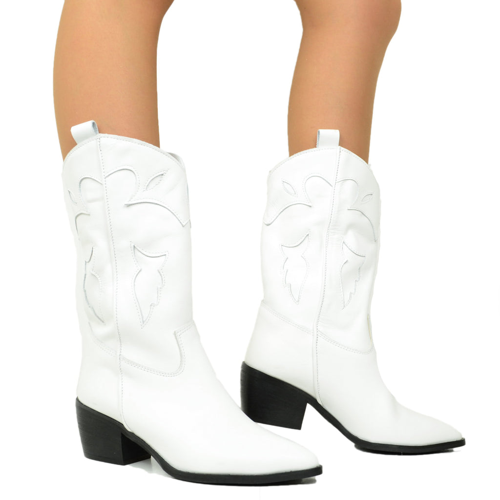 Weiße Texan-Lederstiefel, hergestellt in Italien - 3