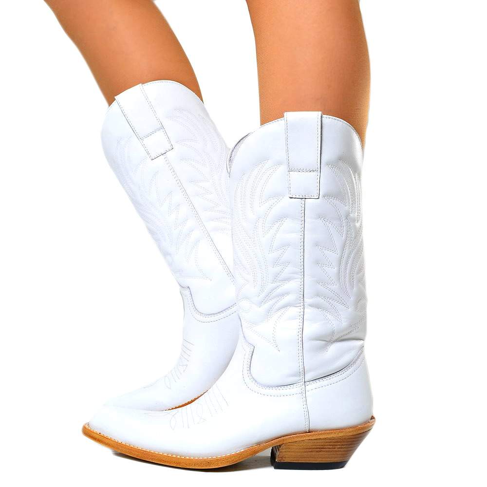 Women's White Pointed Toe Cowboy Boots in Genuine Leather – KikkiLine ...