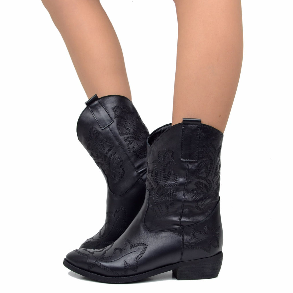 Women's Black Summer Texan Boots with Stitching Made in Italy