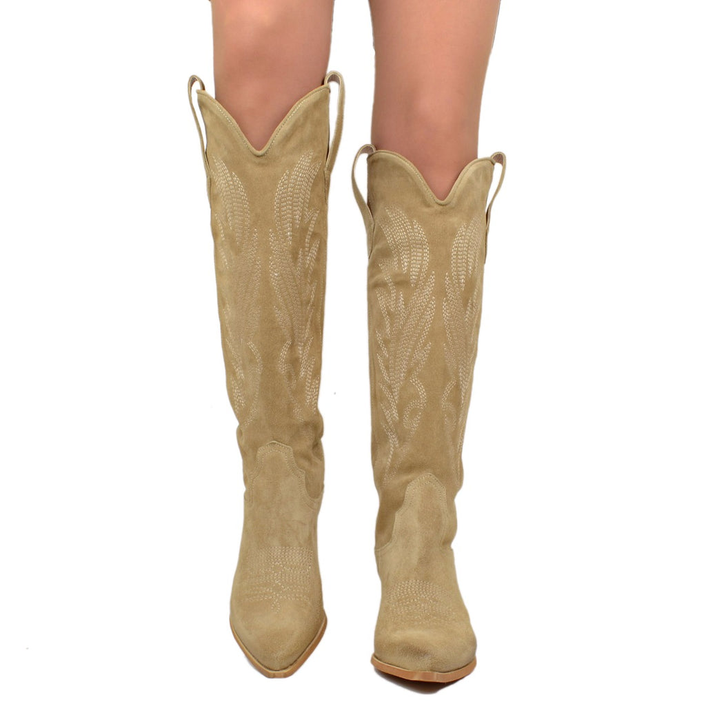 Beigefarbene Texan-Stiefel aus Wildleder mit hohem und breitem Absatz - 3