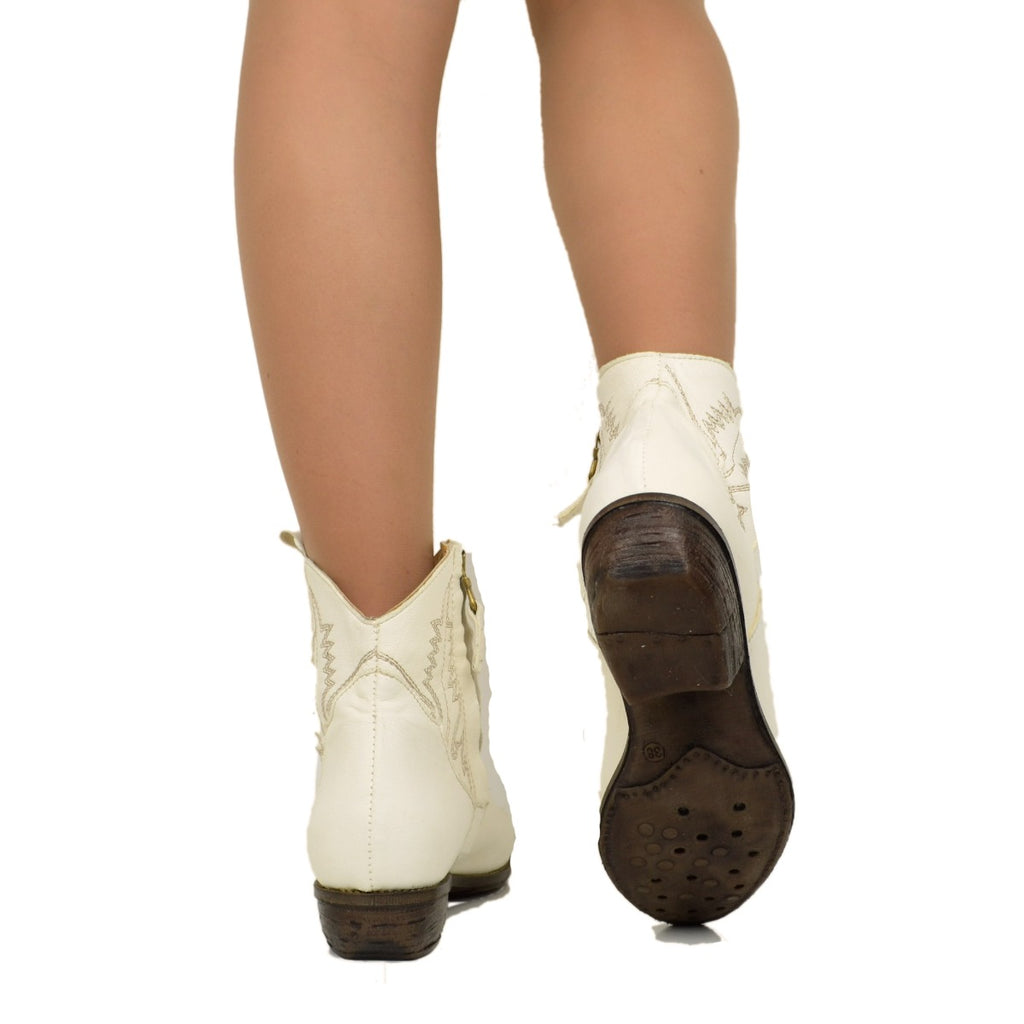 Women's Cream Leather Texan Ankle Boots Made in Italy - 5